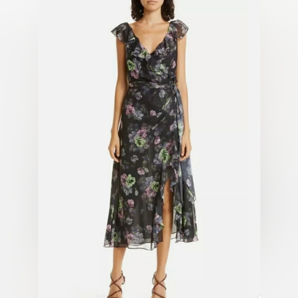 cinq a sept Dresses & Skirts - Cinq A Sept Laure Black Floral Sleeveless Ruffle Chiffon Midi Dress Size…